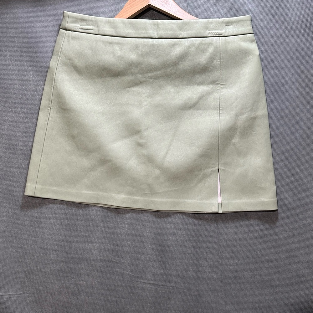 Fore Sage Green Faux Leather Mini Skirt - Side Slit - Size Large